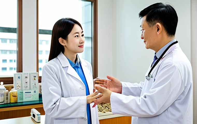 A professional female doctor in a modest, pristine white lab coat and a male Traditional Chinese Medicine practitioner in a professional, traditional attire, both fully clothed, are standing respectfully next to each other in a clean, brightly lit modern medical clinic in Macau. In the background, there's a subtle blend of contemporary medical equipment and a discreet display of traditional Chinese herbs, symbolizing integrated healthcare. The atmosphere is calm and professional, conveying a sense of collaboration and trusted care. perfect anatomy, correct proportions, natural pose, well-formed hands, proper finger count, natural body proportions, professional dress, safe for work, appropriate content, fully clothed, professional photography, high quality image.